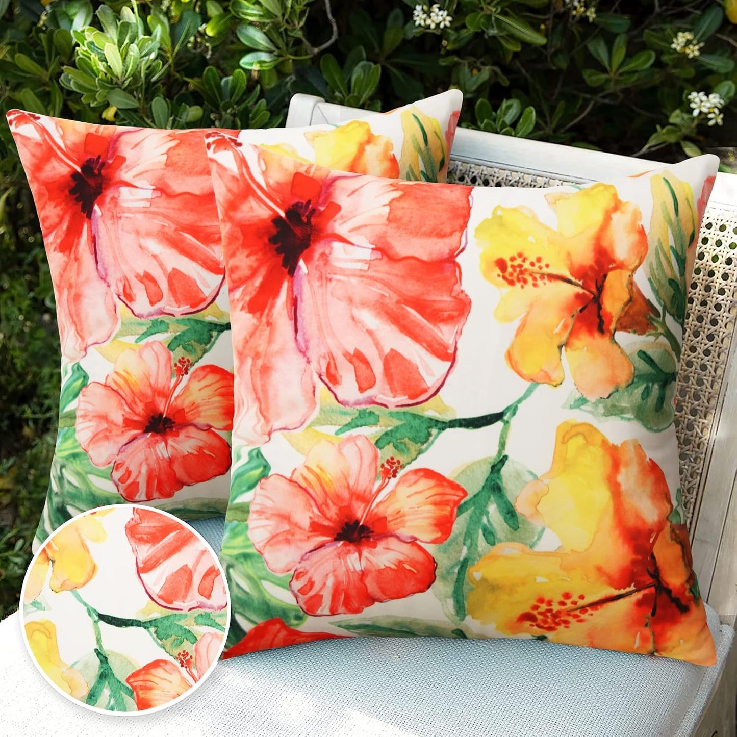 Pyonic Outdoor Pillow Covers Pack of 2 Red Yellow Floral Waterproof Throw Pillow Covers 18X18 inch Outdoor Pillows for Patio Furniture Garden Square Outside Waterproof Pillow