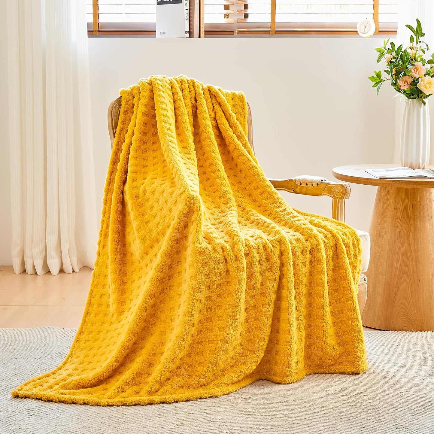 NEWCOSPLAY Super Soft Throw Blanket Yellow Premium Silky Flannel Fleece 3D Waffle Checkered Lightweight Bed Blanket All Season Use (Mustard Yellow, Throw(50"x70"))