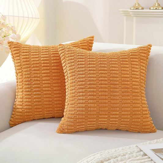 Set of 2 Corduroy Decorative Throw Pillow Covers 20x20 Inch, Boho Striped Pillow Covers Farmhouse Home Decor for Sofa Living Room Couch Bed,Orange Yellow