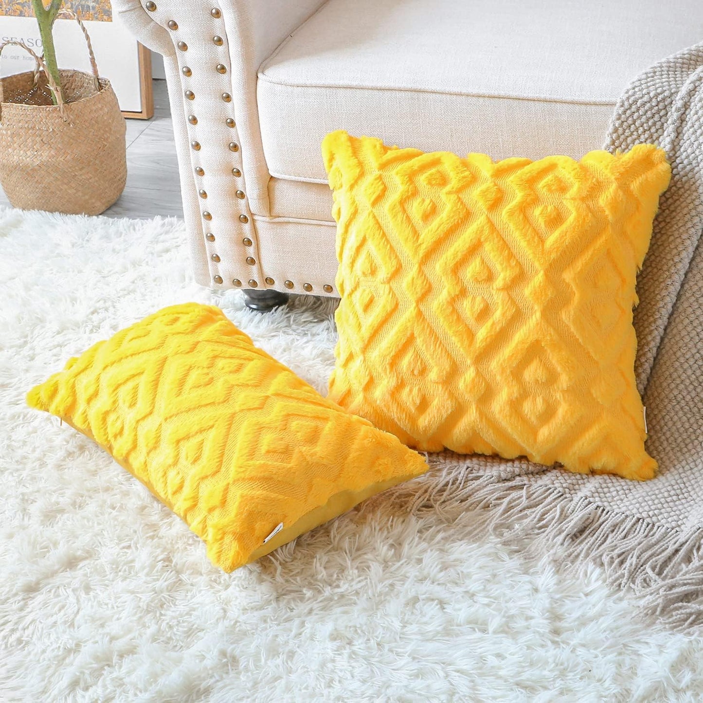 Artscope Pack of 2 Soft Plush Short Wool Velvet Decorative Fall Throw Pillow Covers Luxury Style Cushion Covers European Pillow Shell for Sofa Bedroom Diamond Shape Orange Yellow, 18x18 Inch
