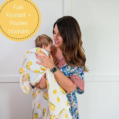 LollyBanks 100% Cotton Muslin Swaddle Blanket, Lemon Print, 47 x 47 Inches, Baby, Toddler, Female