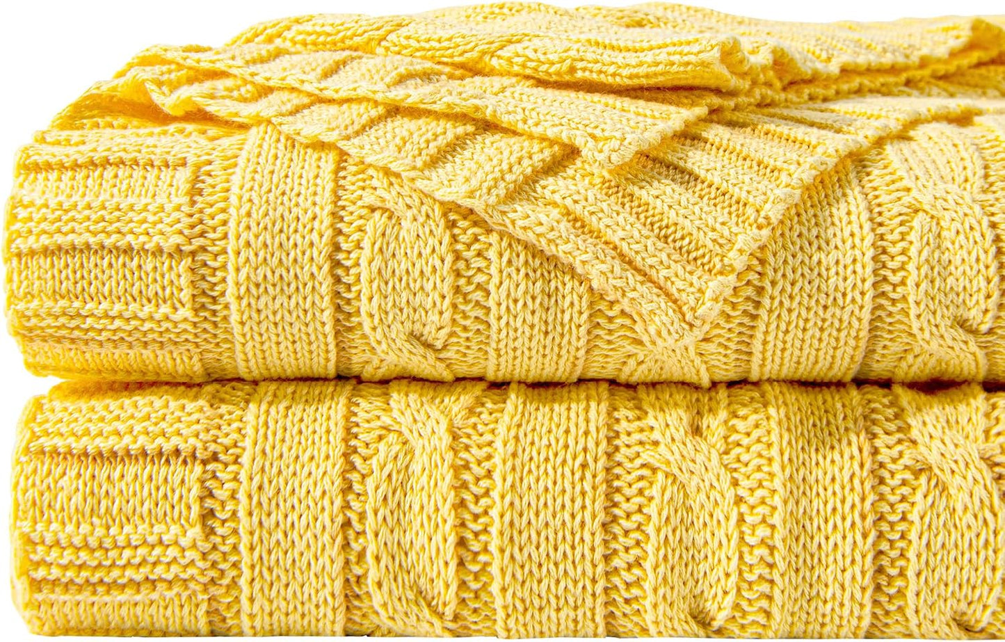 NTBAY 100% Pure Cotton Cable Knit Throw Blanket, Super Soft Warm 51x67 Knitted Throw Blanket for Couch, Sofa, Chair, Bed - Extra Cozy, Machine Washable, Comfortable Home Decor, Yellow