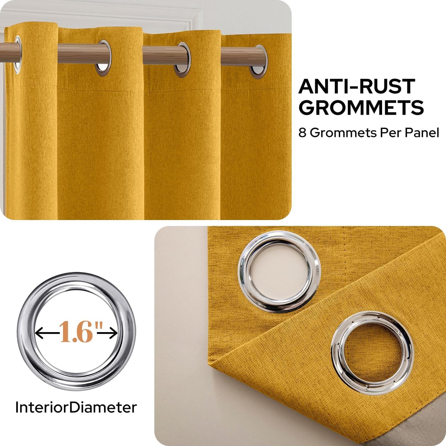 HOMEIDEAS Mustard Yellow 100% Blackout Curtains 2 Panels Linen Room Darkening Curtains 52 X 84 Inches Thermal Insulated Grommet Window Drapes with Liner for Living Room, Bedroom, Nursery