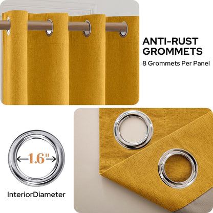 HOMEIDEAS Mustard Yellow 100% Blackout Curtains 2 Panels Linen Room Darkening Curtains 52 X 84 Inches Thermal Insulated Grommet Window Drapes with Liner for Living Room, Bedroom, Nursery