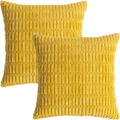 Pack of 2 Corduroy Decorative Throw Pillow Covers 18x18 Inch Soft Boho Striped Pillow Covers Modern Farmhouse Home Decor for Summer Sofa Living Room Couch Bed Mustard Yellow