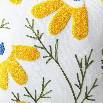 Embroidered Throw Pillow Cover Boho Beige Yellow 2PCS Pillow Covers for Couch Sofa Cotton Linen Daisy Floral Bohemian Pillow Covers 3D Big Flowers Botanical Pillowcase Covers 18x18 Inch