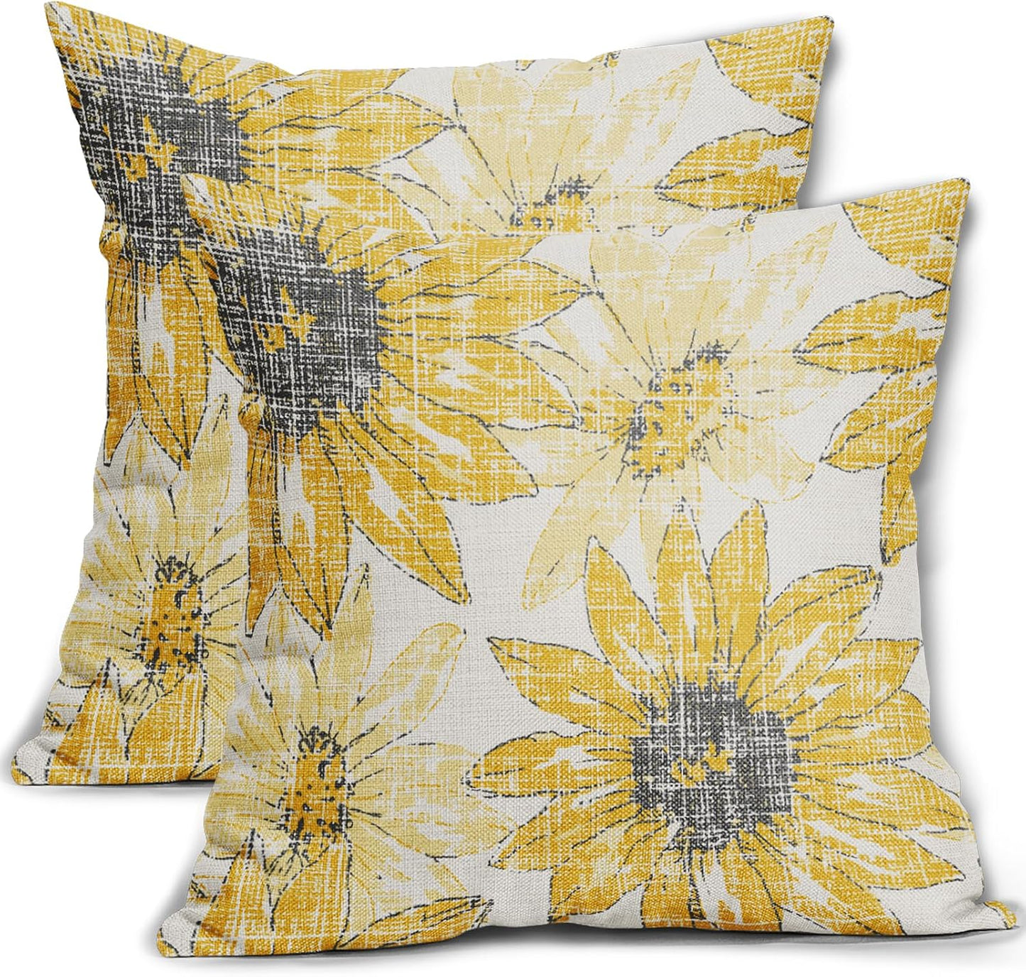 Sweetshow Dark Light Yellow Pillow Covers 16x16 Set of 2 Retro Sunflower Flowers Print Decorative Throw Pillows Outdoor Modern Art Floral Pillowcase Square Linen Cushion Case for Home Sofa Couch Bed