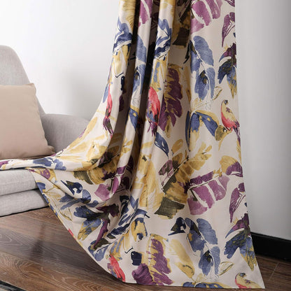 Leeva Window Blackout Curtains and Drapes for Bedroom, Purple and Yellow Leave Macow Print Pattern Heavy Curtain Panels with Grommet Top for Patio Sliding Door, Set of 2, 52x63