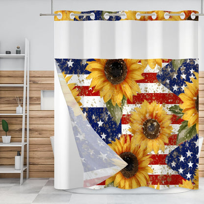 4th of July No Hook Shower Curtain with Snap in Liner Independence Day America Flag Memorial Day Sunflowers Double Layers See Through Top Window Open Grommet Bath Curtain 71x74 Inch