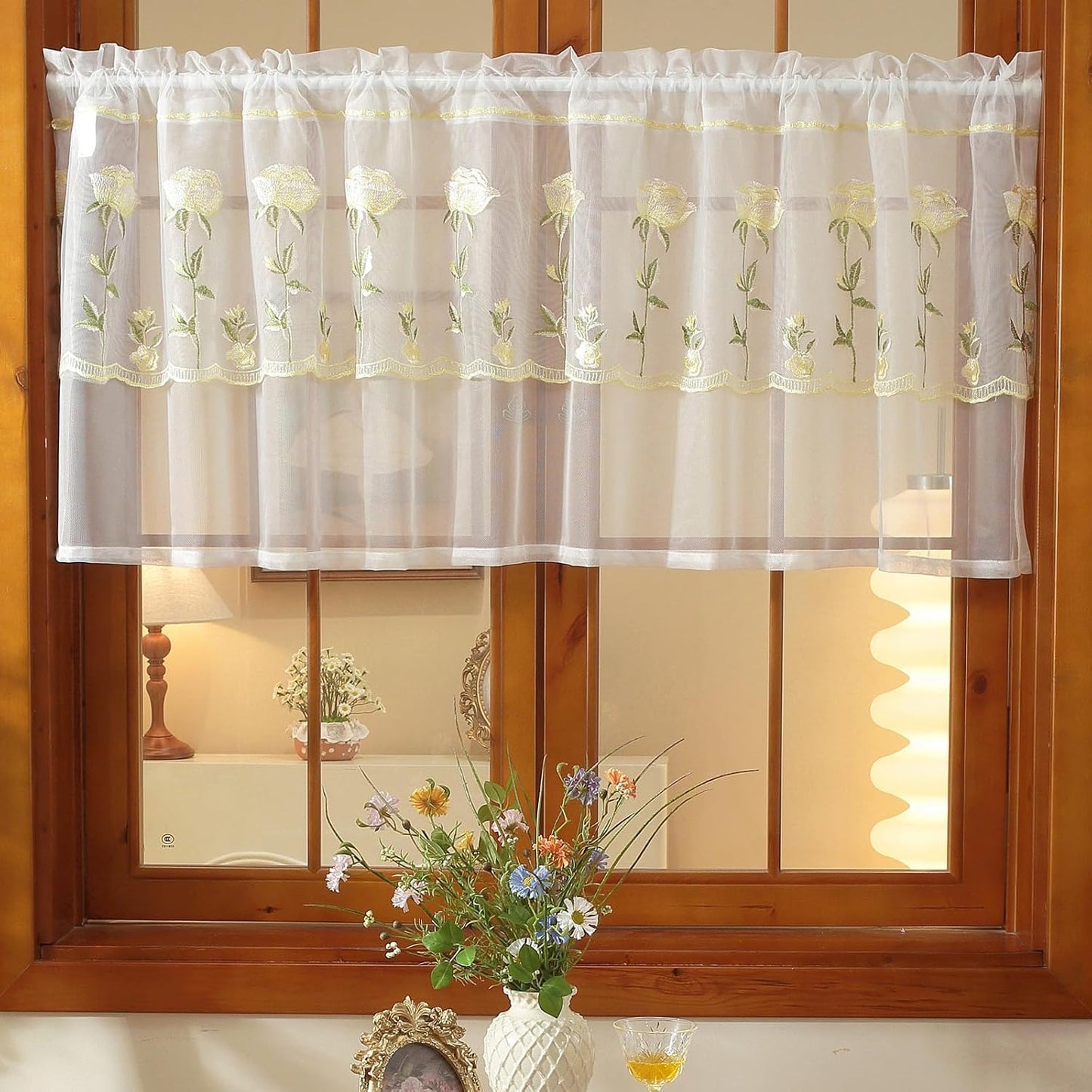 2 Panels Yellow Rose Sheer Valances for Windows Double-Layered Lace Floral Embroidered Kitchen Curtains Over Sink Cafe Curtain, Window Short Small Drapes(Yellow,70"x18")