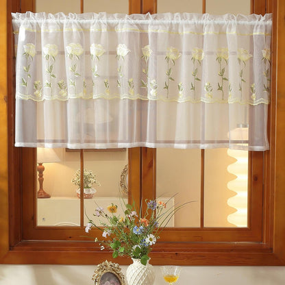 2 Panels Yellow Rose Sheer Valances for Windows Double-Layered Lace Floral Embroidered Kitchen Curtains Over Sink Cafe Curtain, Window Short Small Drapes(Yellow,55"x18")