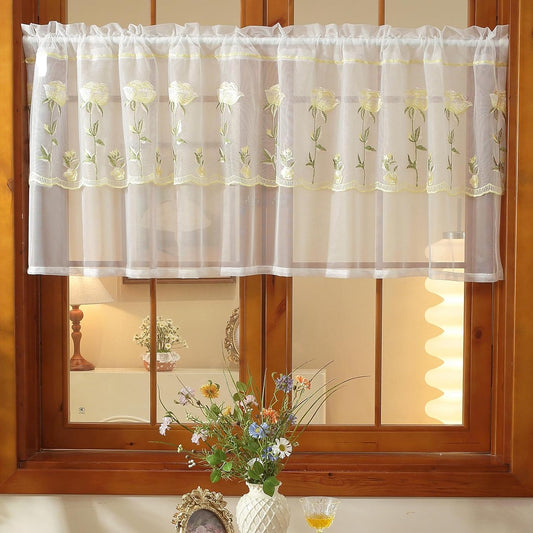 2 Panels Yellow Rose Sheer Valances for Windows Double-Layered Lace Floral Embroidered Kitchen Curtains Over Sink Cafe Curtain, Window Short Small Drapes(Yellow,39"x18")