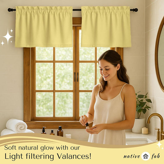 Native Fab Window Valance Curtains 2 Pack - Light Filtering, Semi Sheer, Modern & Farmhouse Style Decor, 54 Inch x 18 Inch, Drapery for Kitchen, Basement, Bedroom, Cafe Windows - Pale Yellow