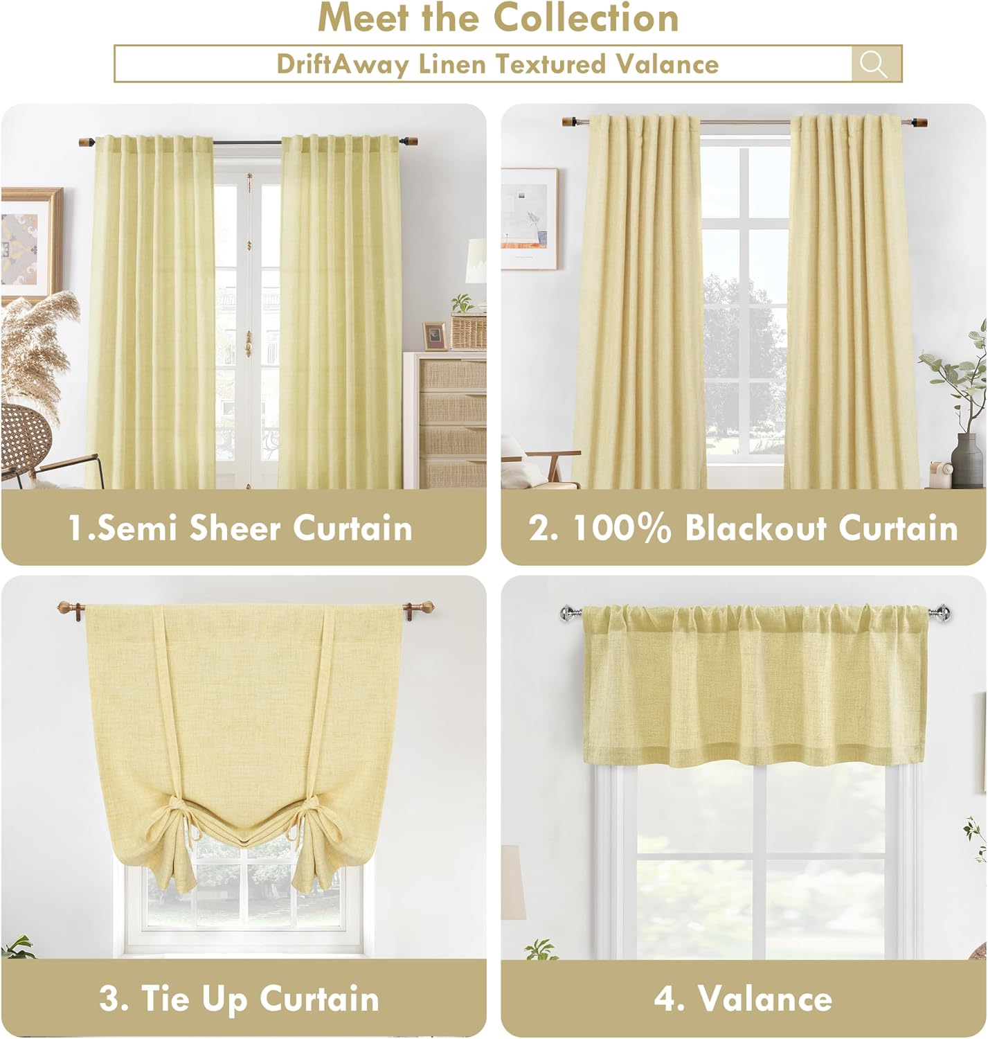 DriftAway Linen Textured Curtain Valances for Windows Light Filtering 3 Inch Rod Pocket Farmhouse Country Rustic Kitchen Valances for Bedroom Living Room Bathroom 14 inch Length Yellow