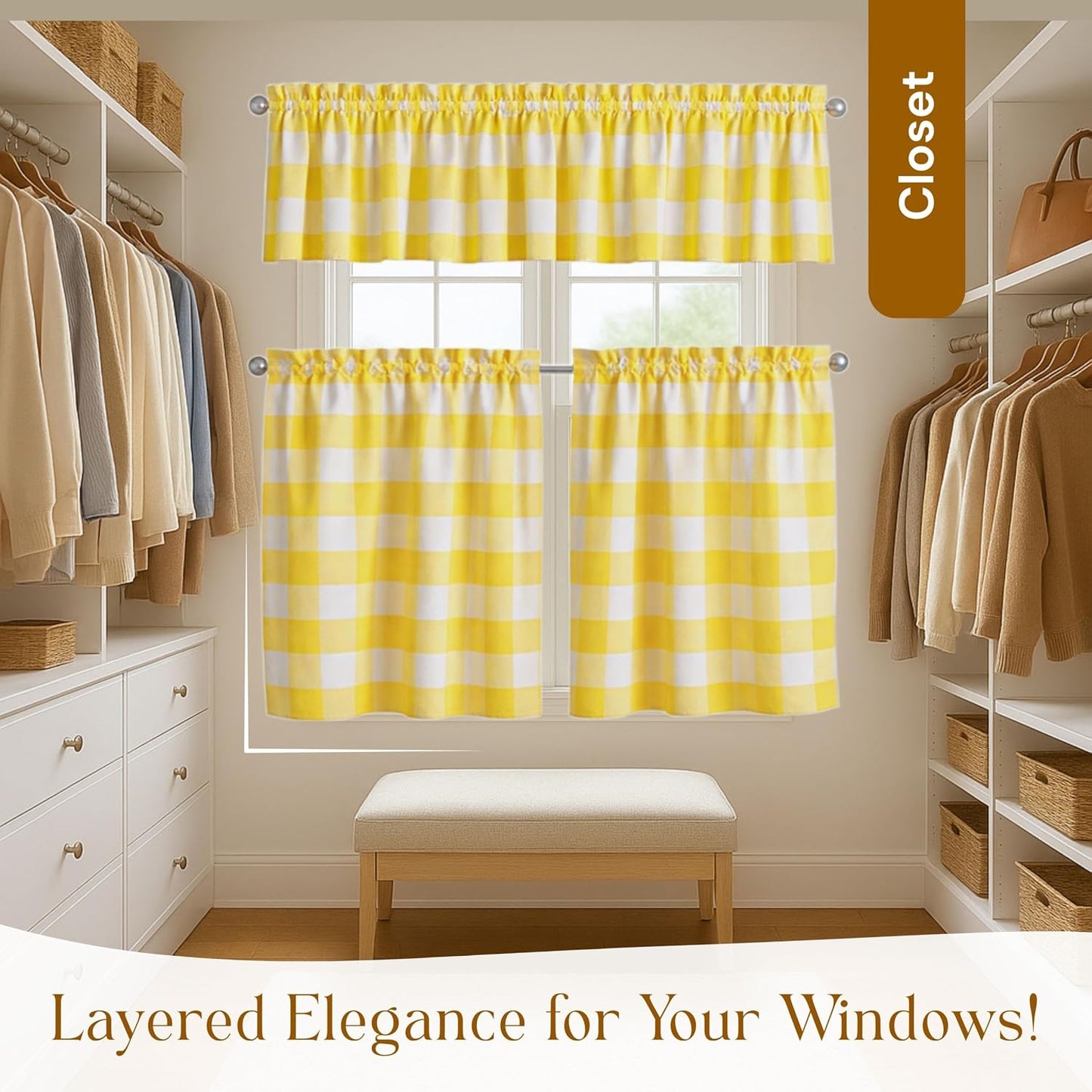 Buffalo Check Farmhouse Window Curtain Set, Valance 54x18 with Tier Curtains 26x36, 3 Piece Rod Pocket Curtains for Kitchen, Dining, Bathroom, Café Décor, Lemon Yellow