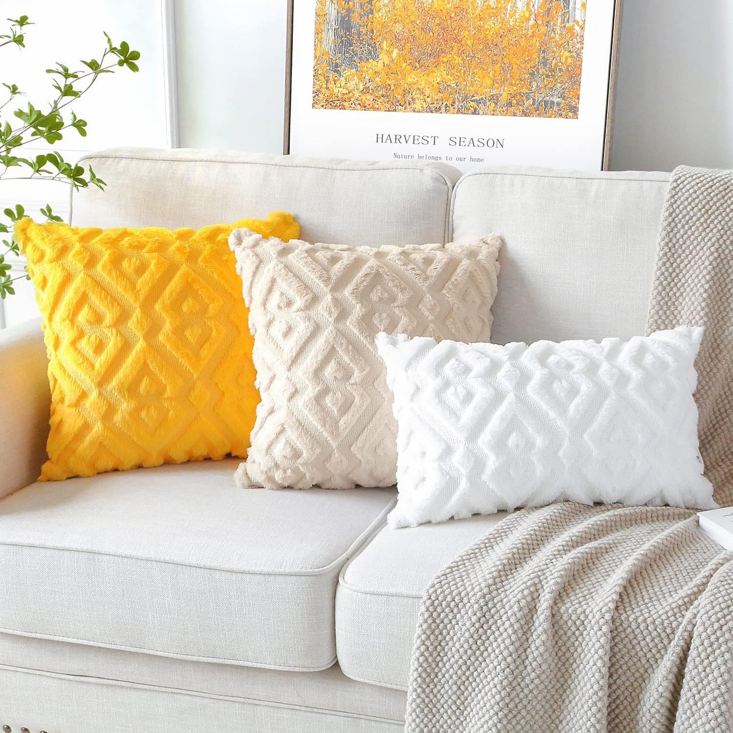 Artscope Pack of 2 Soft Plush Short Wool Velvet Decorative Fall Throw Pillow Covers Luxury Style Cushion Covers European Pillow Shell for Sofa Bedroom Diamond Shape Orange Yellow, 18x18 Inch