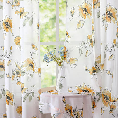 Yellow Floral Sheer Curtains 84 inches Long for Living Room, Silky-Smooth Chiffon Privacy Semi Sheer Drapes Chinoiserie WildFlower Patterned Window Curtains 2 Panel Sets for Bedroom, Yellow and White