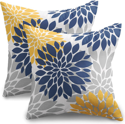 Navy Blue Yellow Pillow Covers 16x16 Set of 2 Grey Gray Dahlia Flower Outdoor Decorative Throw Pillows Modern Geometry Art Farmhouse Pillowcases Linen Cushion Case Decor for Home Sofa Couch Bed