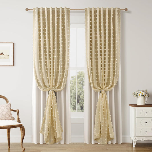Hokibero 100% Blackout Yellow Curtains 84 Inch Long for Bedroom 2 Panels Back Tab Pocket Pom Pom Drapes Cute Farmhouse Style Room Darkening Double Layer Design Window Curtain for Living Room 52x84