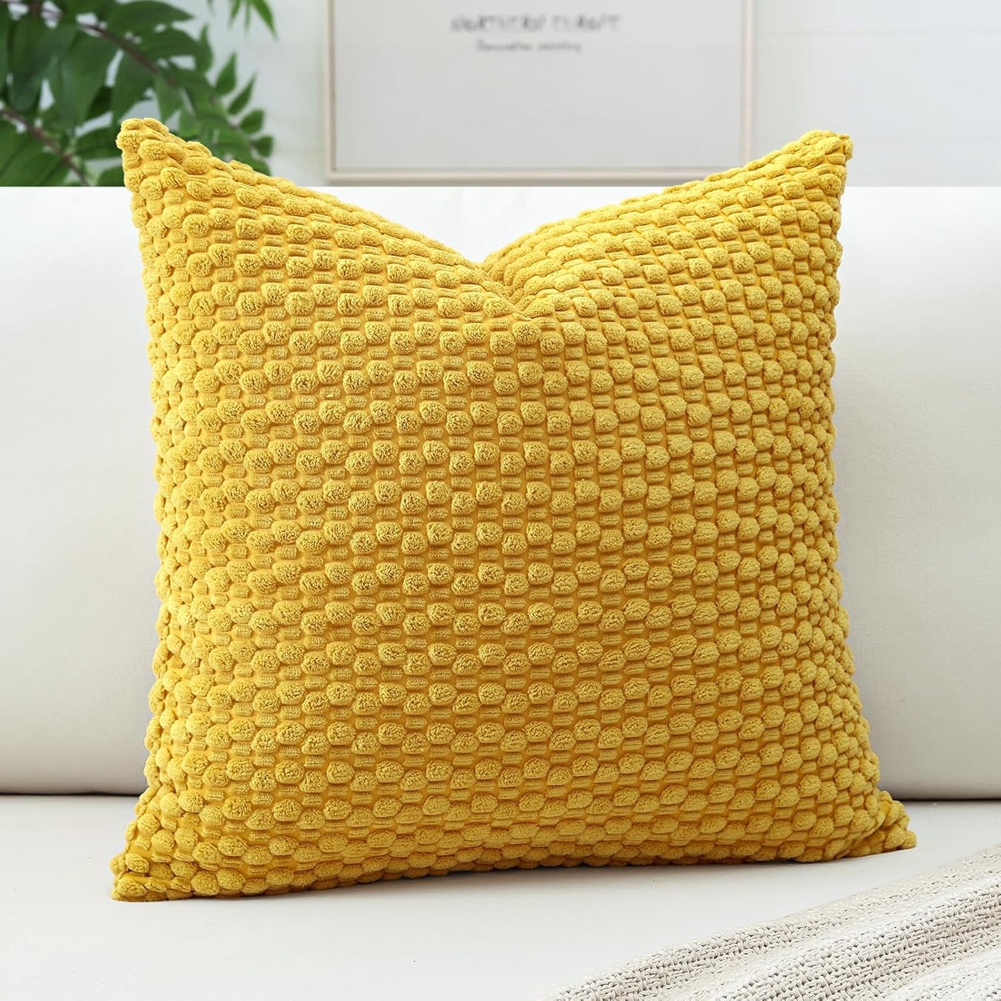 OTOSTAR Pom Poms Decorative Corduroy Throw Pillow Covers 22x22 Inch Super Soft Boho Striped Square Cushion Covers Case Geometric for Sofa Couch Bedroom Car Decor Set of 1, Yellow