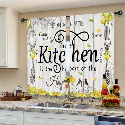Riyidecor Lemon Kitchen Curtains Short Small Rustic Farmhouse Yellow Fruit Country Wooden Barn Plant Fork and Spoon Botanical Rod Pocket Bedroom Living Room Treatment Fabric 2 Panels 27.5Wx39H Inch