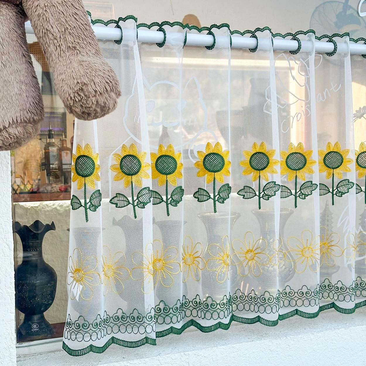 2 Panels Sunflower Lace Sheer Kitchen Curtains 24 Inch Length Spring Embroidered Tier Curtain Farmhouse Rod Pocket Light Filtering Cafe Curtains for Living Room Bedroom (Yellow,39"x24")