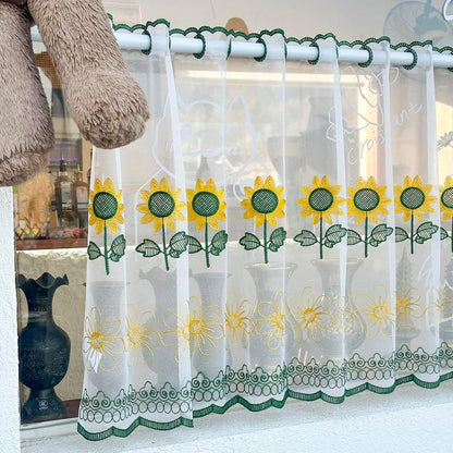 2 Panels Sunflower Lace Sheer Kitchen Curtains 24 Inch Length Spring Embroidered Tier Curtain Farmhouse Rod Pocket Light Filtering Cafe Curtains for Living Room Bedroom (Yellow,39"x24")