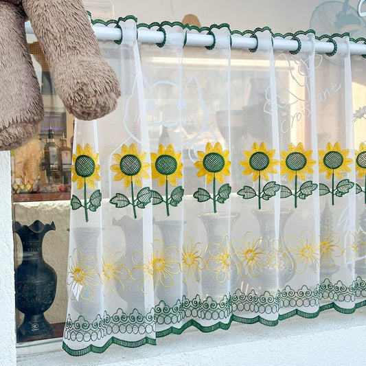 2 Panels Sunflower Lace Sheer Kitchen Curtains 24 Inch Length Spring Embroidered Tier Curtain Farmhouse Rod Pocket Light Filtering Cafe Curtains for Living Room Bedroom (Yellow,39"x24")