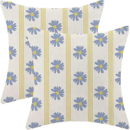 BETGINY Blue Yellow Daisy Floral Pillow Covers 18x18 Set of 2,Block Striped Flower Throw Pillows Case Outdoor Decorative Vintage Pillow Cases Farmhouse Cushion Covers for Couch Sofa Bedroom