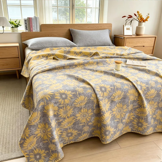 NIDITW 3 Layer Throw Blanket for Bed 100% Cotton Boho Floral Blanket 80''x90'' Summer Breathable and Lightweight Travel Muslin Blanket for Women Home Decor Yellow (Yellow Sunflower, 60"x80")