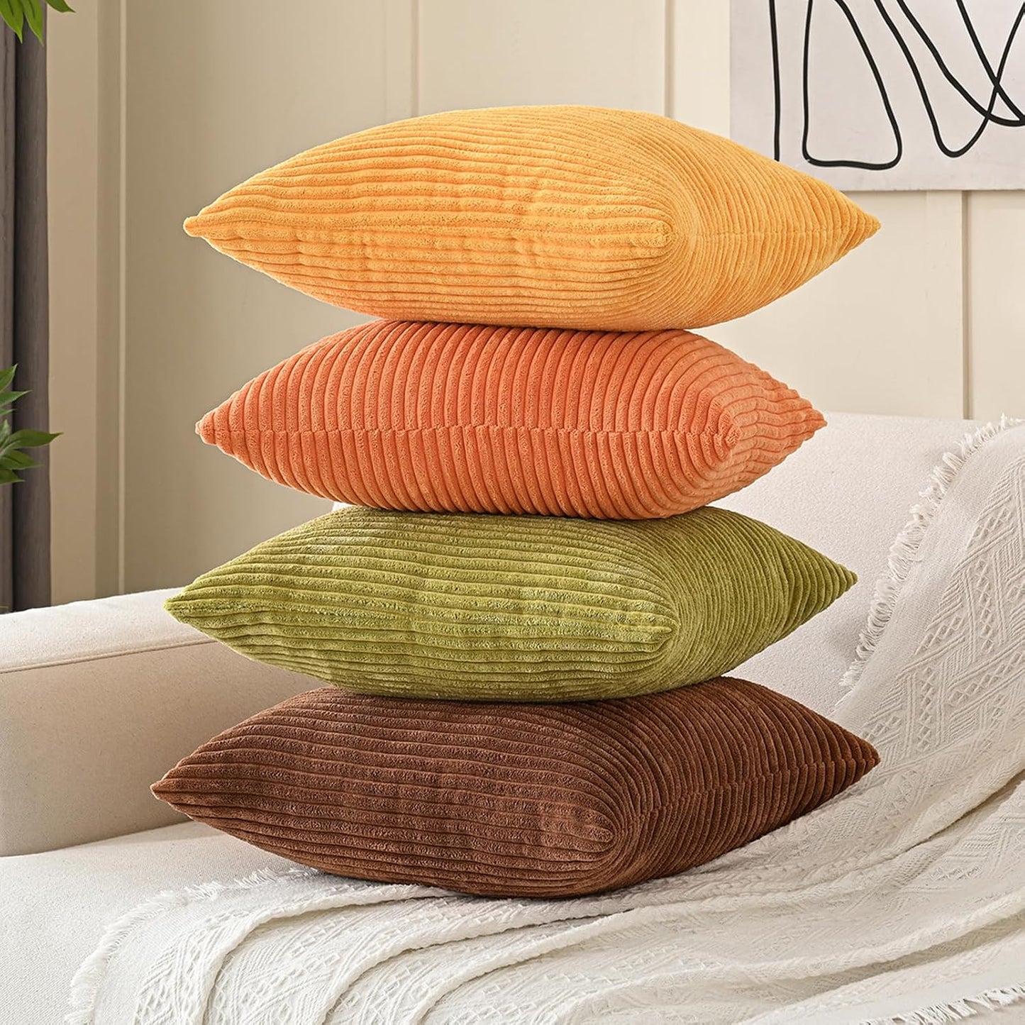 Volcanics Set of 4 Fall Orange Corduroy Decorative Throw Pillow Covers 18x18 Inch, Modern Yellow Green Gradient Couch Pillow Covers, Rustic Western Striped Cushion Covers for Bed Sofa Living Room