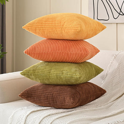 Volcanics Set of 4 Fall Orange Corduroy Decorative Throw Pillow Covers 18x18 Inch, Modern Yellow Green Gradient Couch Pillow Covers, Rustic Western Striped Cushion Covers for Bed Sofa Living Room