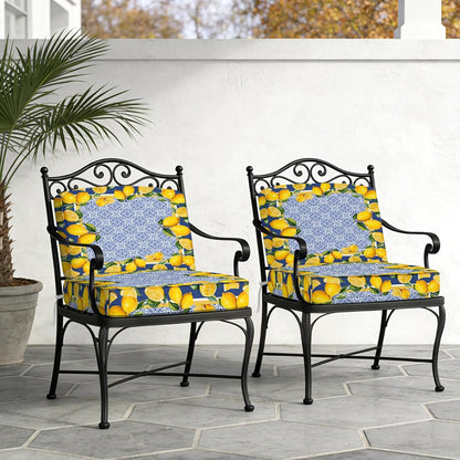 Blue Yellow Lemon Indoor/Outdoor Seat Cushions Cover, Summer Country Fruits Italian Style Waterproof Patio Chaise Lounge Cushion Cover for Beach Pool Side Chair Cushions 20''x18''x2pcs