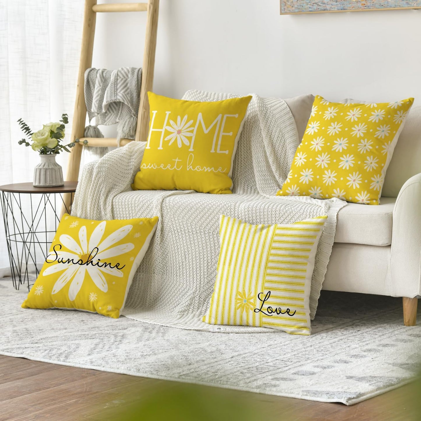 AVOIN colorlife Hello Sunshine Summer Yellow Throw Pillow Covers, 18 x 18 Inch Home Sweet Home Daisy Stripes Cushion Case for Sofa Couch Set of 4