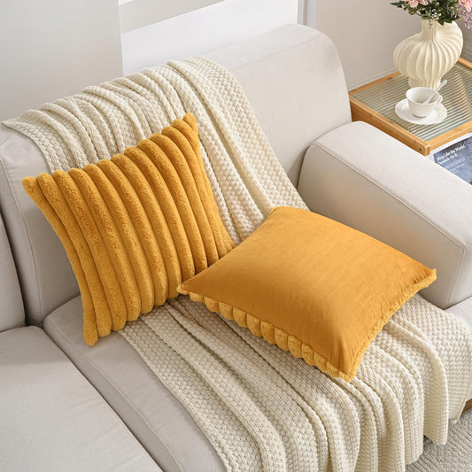 Volcanics Set of 2 Faux Fur Plush Decorative Throw Pillow Covers 18x18 Inches, Striped Cushion Cases Soft Fluffy Accent Pillowcases for Sofa, Couch and Bed, Mustard Yellow
