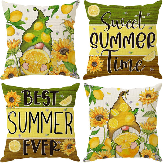 Watercolor Gnome Sunflower Lemon Summer Pillow Covers Throw Pillow Cases Set of 4 Decorations for Home Sofa Cushion Cover Party Holiday Decor 18x18 Inch