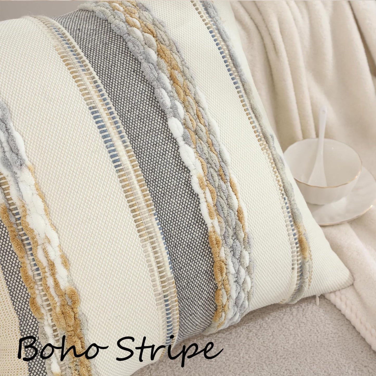 Boho Tufted Throw Pillow Covers 18x18 Set of 2 Striped Decorative Pillow Cases Accent Chenille Pillowcases Farmhouse Cushion Case Fall Autumn Home Decor for Sofa Bed Living Room,Yellow and Gray