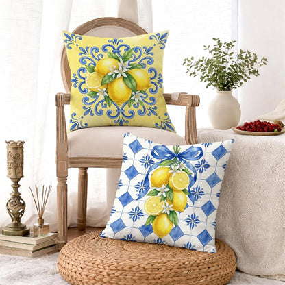 Lemon Throw Pillow Covers Set of 4, Farmhouse Rustic Flower Blue Pattern Summer Yellow with Hidden Zipper Cushion Covers Pillow for Living Room Bedroom Loft Office Car Decor 16x16 Inch