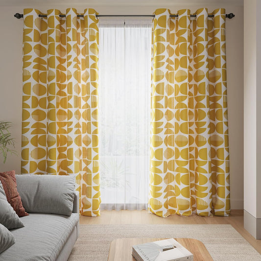 ColorBird Yellow Mid Century Modern Patterned Curtains for Living Room 84 Inches Long 2 Panels Set MCM Drapes for Bedroom, Geometric Light Filtering Window Treatment for Dining Room