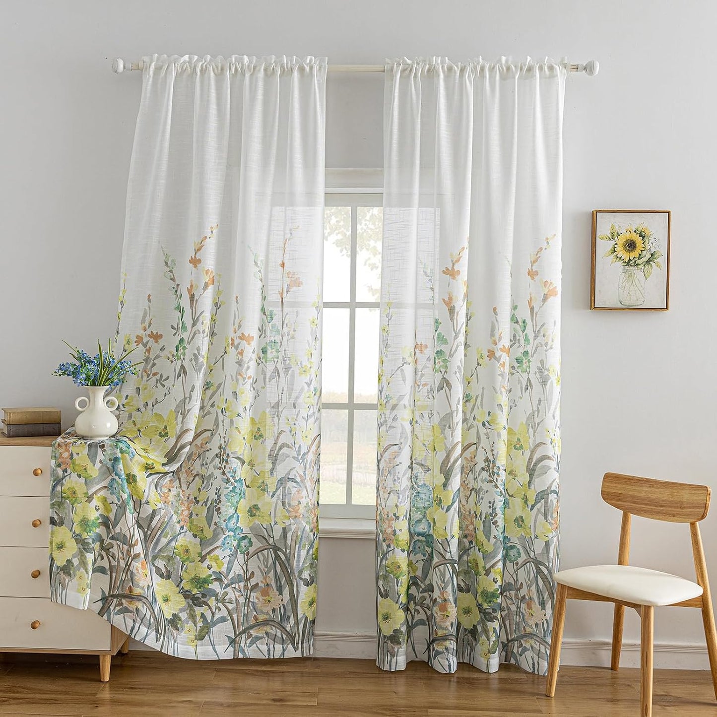 SUOUO Grey and Yellow Floral Sheer Curtains Linen Textured for Living Room 96 inches Long Rod Pocket Print Wildflower Window Drapes for Bedroom 2 Panels