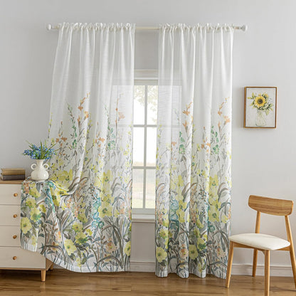 SUOUO Grey and Yellow Floral Sheer Curtains Linen Textured for Living Room 96 inches Long Rod Pocket Print Wildflower Window Drapes for Bedroom 2 Panels