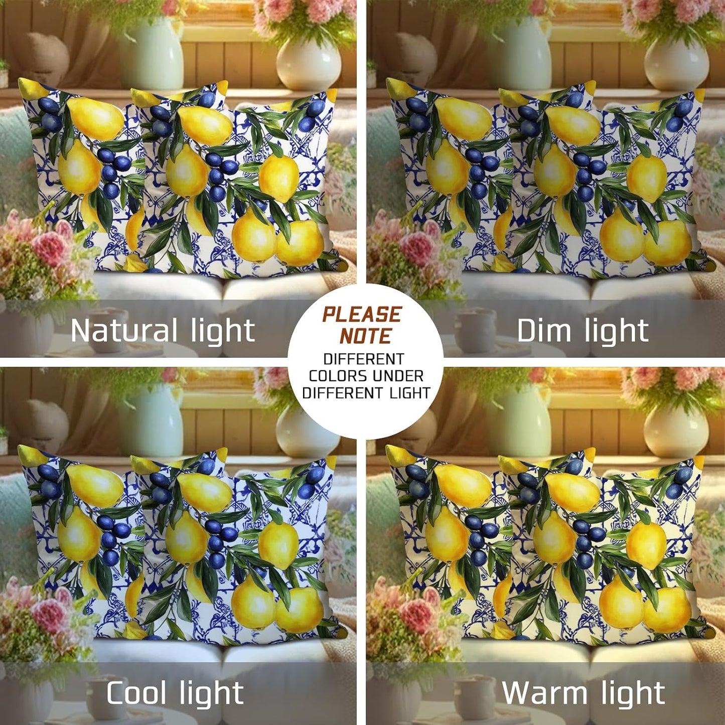 Lemon and Blueberry Throw Pillow Covers Set of 2, Bright Yellow and Blue Floral Cushions, Summer Decorative Square Farmhouse Decor for Home Couch Sofa Bed 16x16 Inch