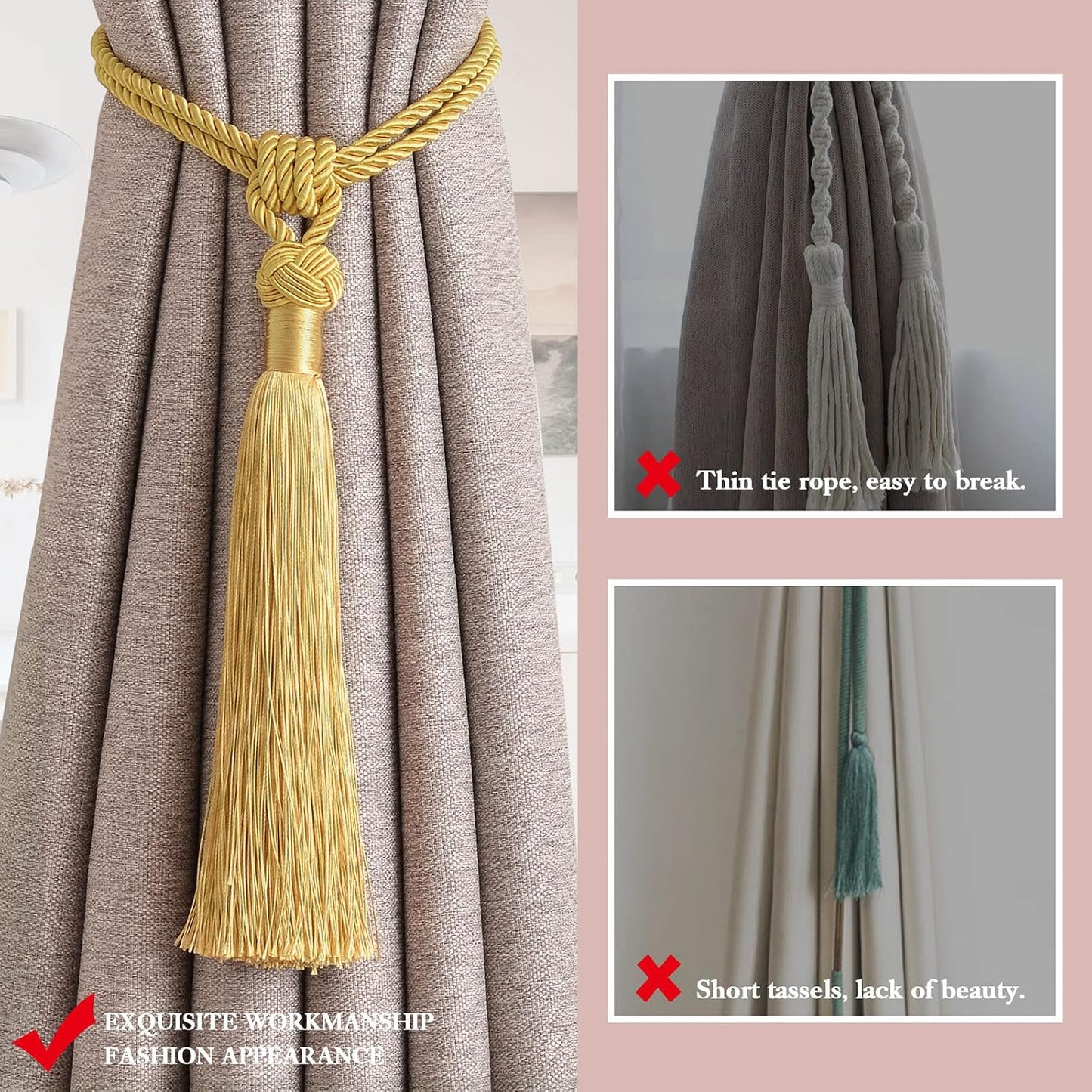 NICEEC 2 Pack Long Tassel Curtain Tiebacks Handmade Braided Rope Knot Drape Tie Backs European Style Decorative Curtain Holdbacks for Home & Office Window Drapery (Yellow)
