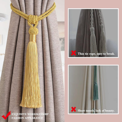 NICEEC 2 Pack Long Tassel Curtain Tiebacks Handmade Braided Rope Knot Drape Tie Backs European Style Decorative Curtain Holdbacks for Home & Office Window Drapery (Yellow)