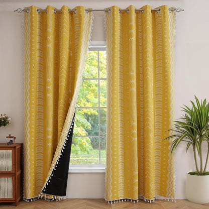 ColorBird Boho Blackout Curtains 2 Panels 84 Inch Length Mustard Yellow Thermal Insulated Southwest Window Treatment Patterned Western Black Out Patterned Curtain Drapes for Living Room Bedroom