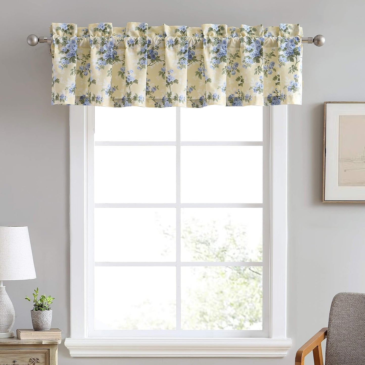 Laura Ashley - Valance, 100% Soft Cotton Window Treatment with Rod Pocket, Lightweight & Machine Washable, Floral Printed Curtain (Cassidy Yellow, 15" x 86")