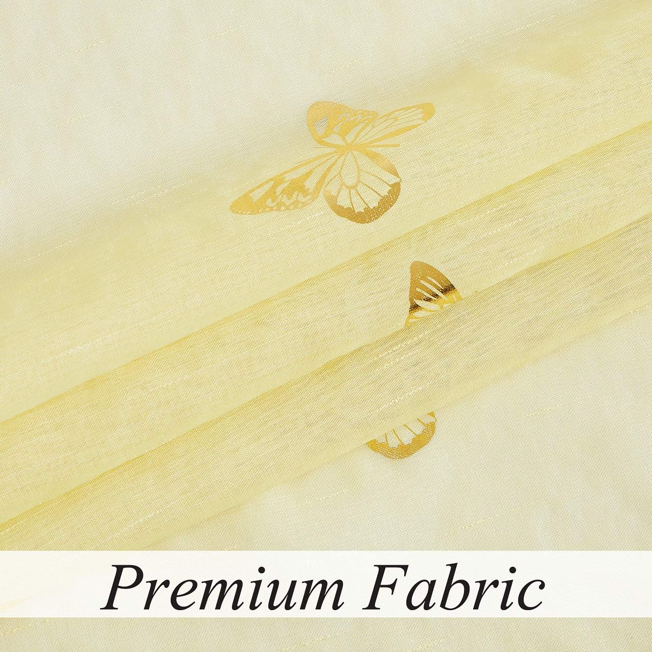 Jubilantex Yellow Butterfly Sheer Curtain Panels for Kids Nursery Bedroom, Baby Girls Toddler Gold Print Linen Textured Rod Pocket Voile Drapes 63 Inch Long for Living Room,2 Panels