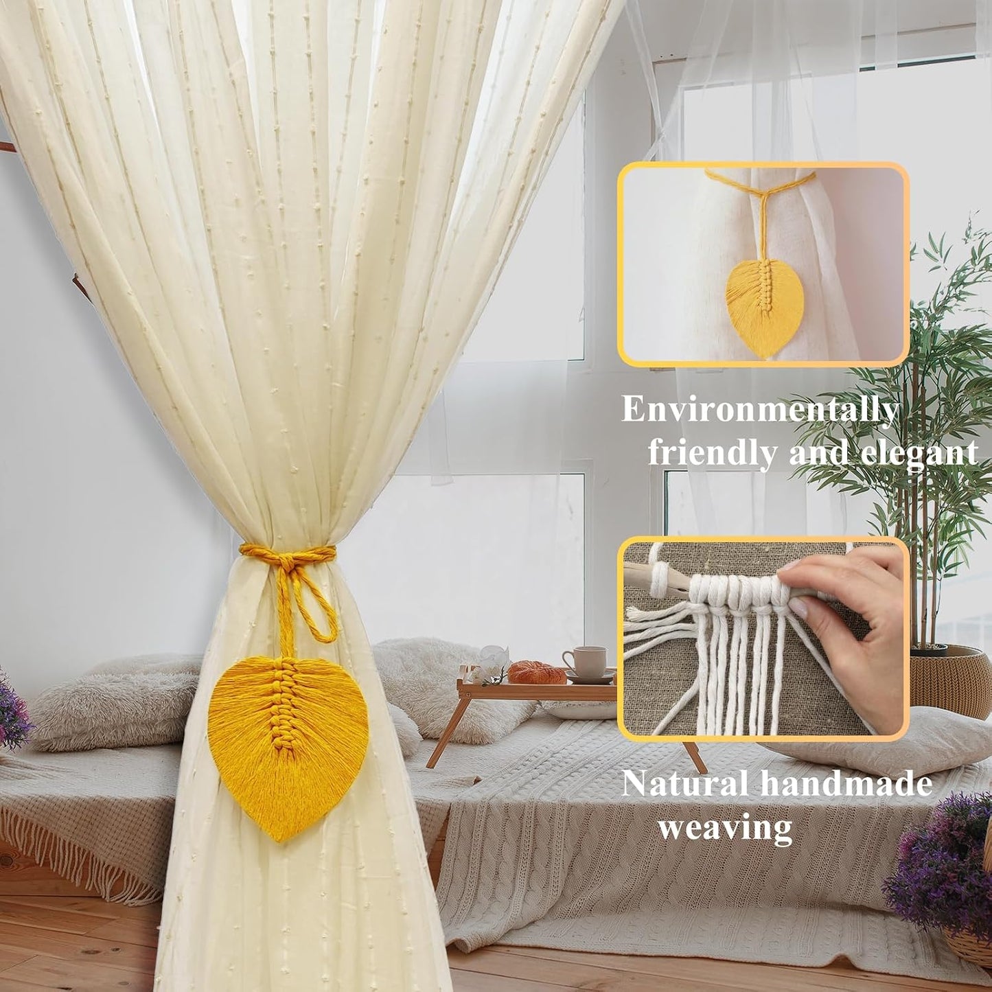 Curtain Tiebacks Curtain Ties Handmade Leaves Weave Twine Curtain tie Backs Boho Cotton Curtains tiebacks Curtain Holder Tie Backs for Curtains Braided Thin,Thick Home Office Window Draperies(Yellow)