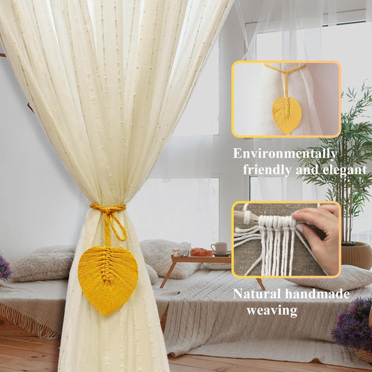 Curtain Tiebacks Curtain Ties Handmade Leaves Weave Twine Curtain tie Backs Boho Cotton Curtains tiebacks Curtain Holder Tie Backs for Curtains Braided Thin,Thick Home Office Window Draperies(Yellow)