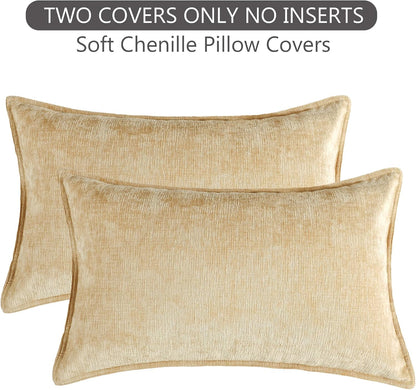 Stellhome Lumbar Chenille Throw Pillow Covers Set of 2 Super Soft Textured Decorative Pillow Covers Accent Solid Cushion Cover for Couch Sofa Bedroom Living Room 12x20 Inch, Yellow